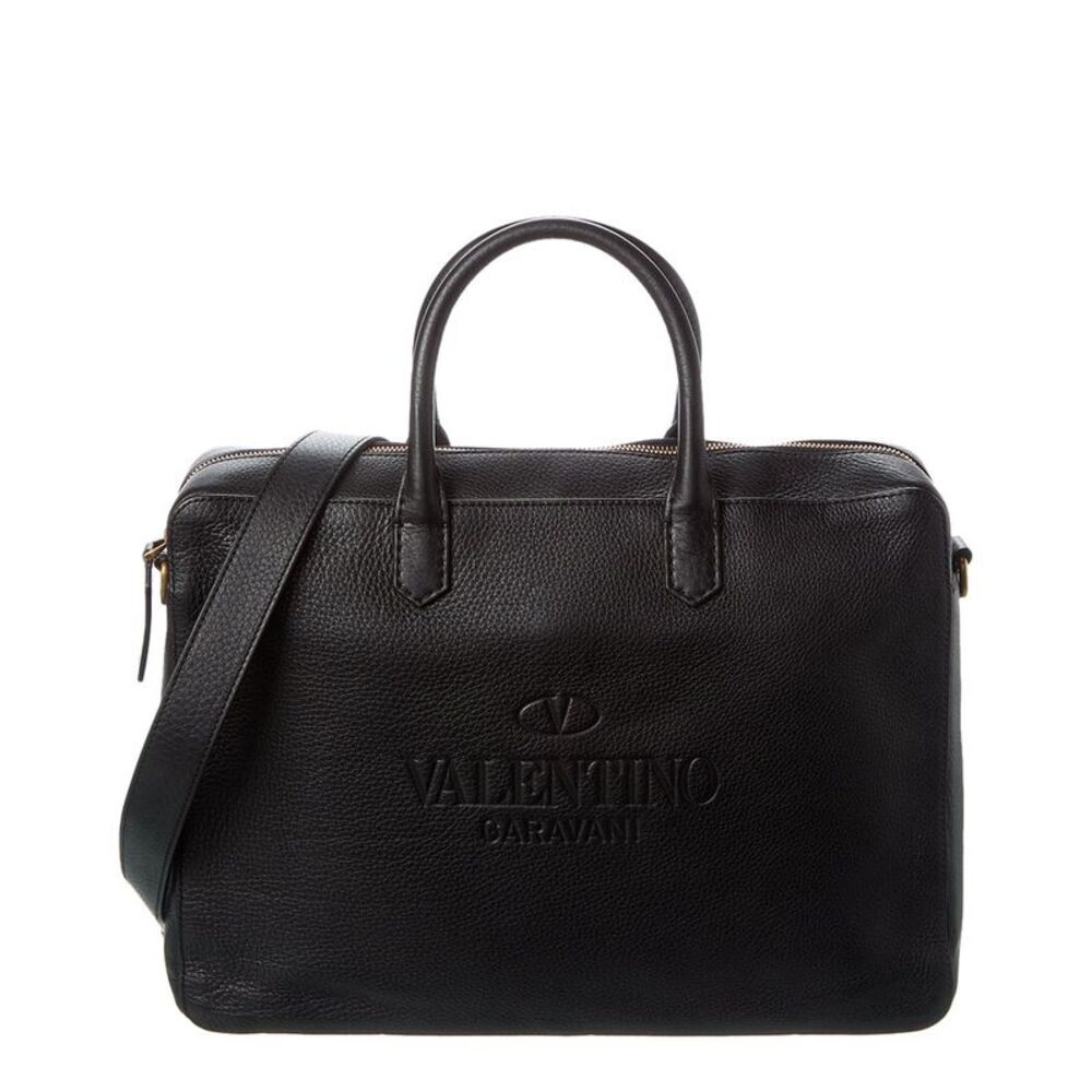 Valentino Double Handle Leather Briefcase, Black